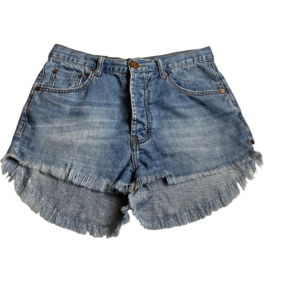 One X One Teaspoon Blue Denim Fringe Hem High Rise Shorts Size 26
